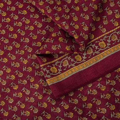 Sanskriti Vintage Maroon Pure Silk Saree Floral Printed Craft Fabric Sari 6 Yard