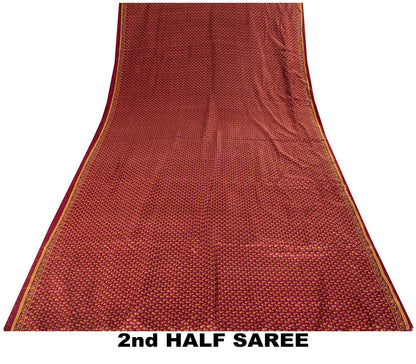 Sanskriti Vintage Maroon Pure Silk Saree Floral Printed Craft Fabric Sari 6 Yard