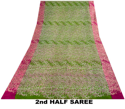 Sanskriti Vintage Green Pure Silk Saree Abstract Paisley Print Craft Fabric 6 Yd