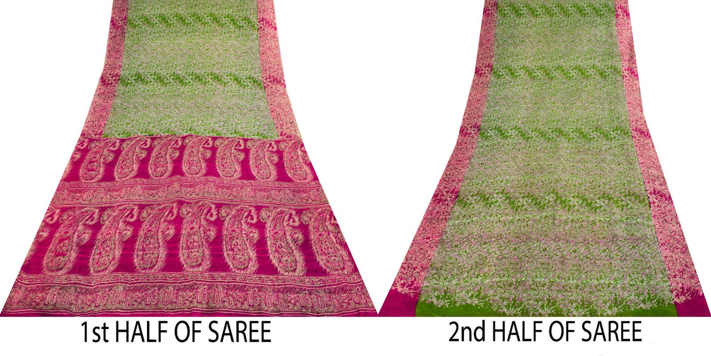 Sanskriti Vintage Green Pure Silk Saree Abstract Paisley Print Craft Fabric 6 Yd