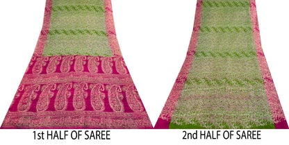 Sanskriti Vintage Green Pure Silk Saree Abstract Paisley Print Craft Fabric 6 Yd
