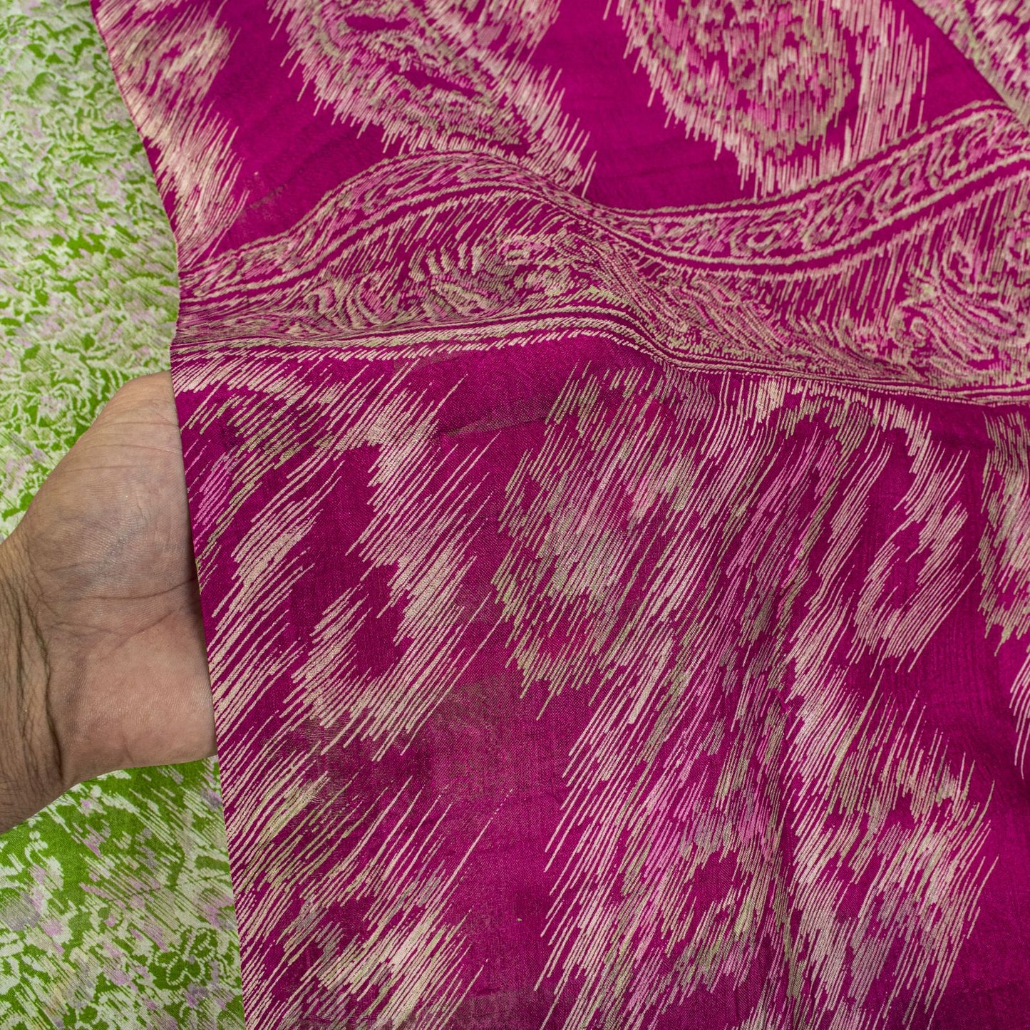 Sanskriti Vintage Green Pure Silk Saree Abstract Paisley Print Craft Fabric 6 Yd