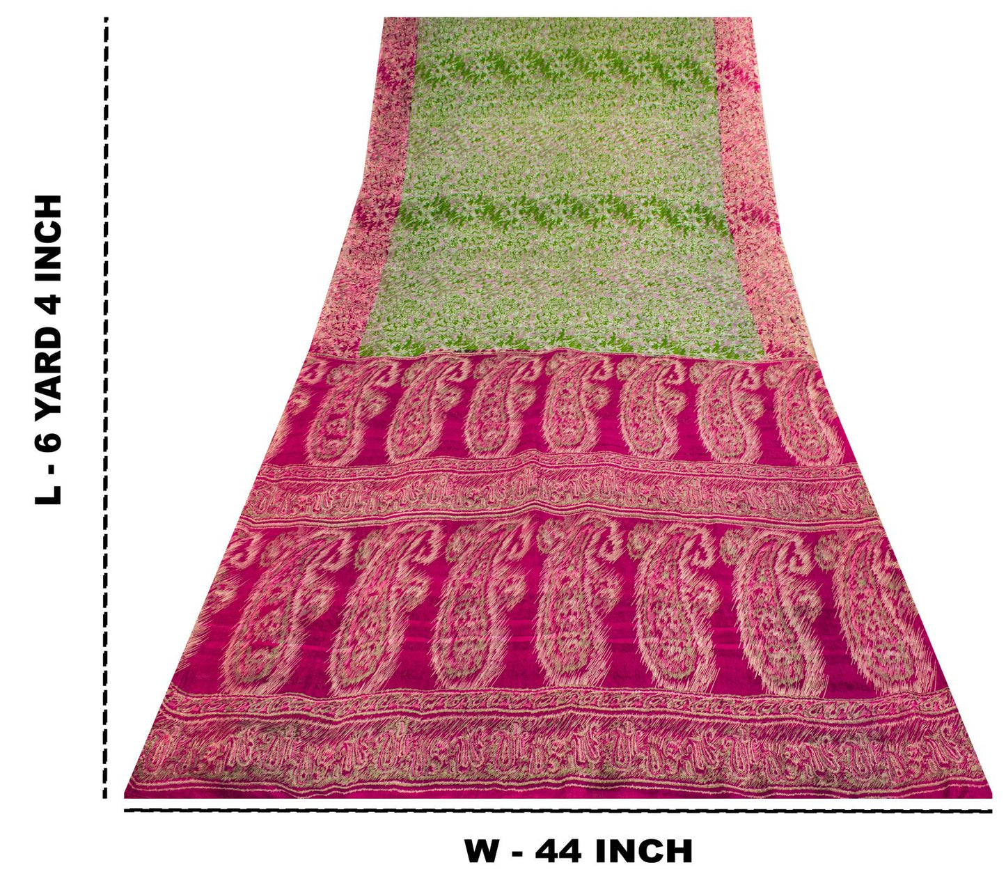 Sanskriti Vintage Green Pure Silk Saree Abstract Paisley Print Craft Fabric 6 Yd