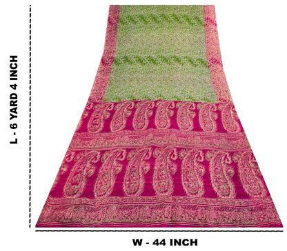 Sanskriti Vintage Green Pure Silk Saree Abstract Paisley Print Craft Fabric 6 Yd