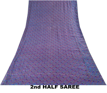 Sanskriti Vintage Purple Pure Silk Saree Paisley Print Craft Fabric 6.5Yard Sari