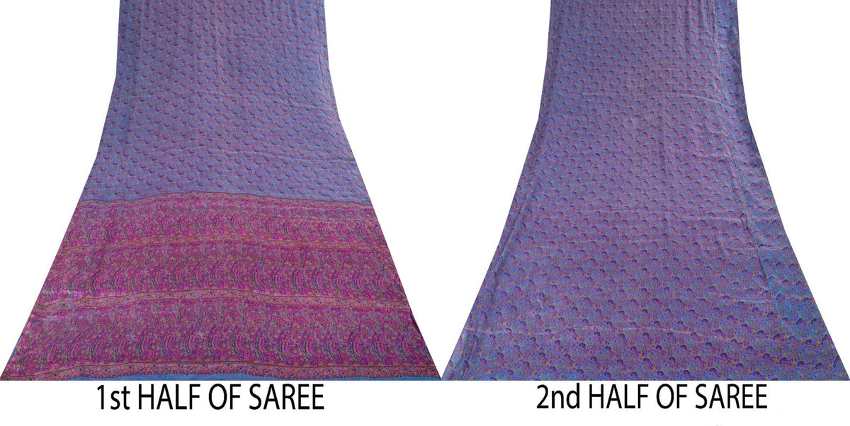 Sanskriti Vintage Purple Pure Silk Saree Paisley Print Craft Fabric 6.5Yard Sari
