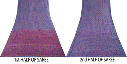 Sanskriti Vintage Purple Pure Silk Saree Paisley Print Craft Fabric 6.5Yard Sari