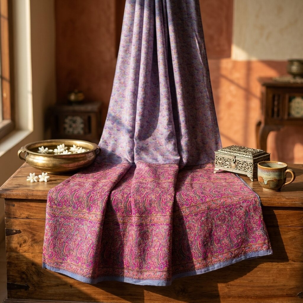 Sanskriti Vintage Purple Pure Silk Saree Paisley Print Craft Fabric 6.5Yard Sari