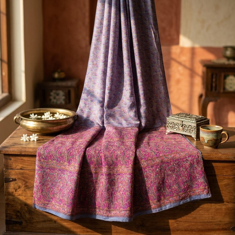 Sanskriti Vintage Purple Pure Silk Saree Paisley Print Craft Fabric 6.5Yard Sari