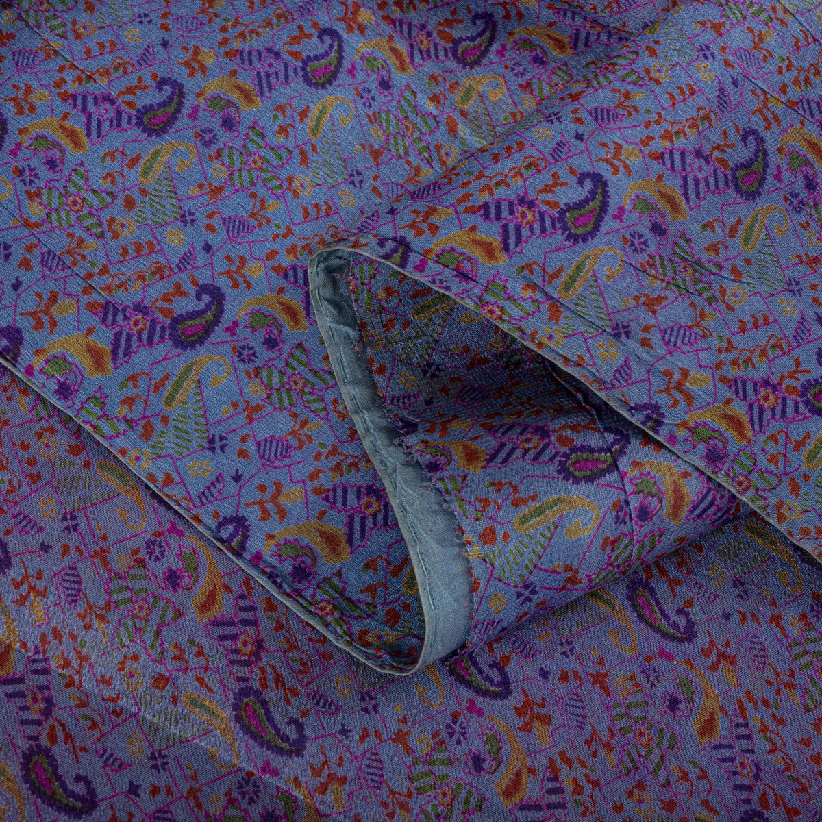 Sanskriti Vintage Purple Pure Silk Saree Paisley Print Craft Fabric 6.5Yard Sari