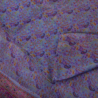 Sanskriti Vintage Purple Pure Silk Saree Paisley Print Craft Fabric 6.5Yard Sari