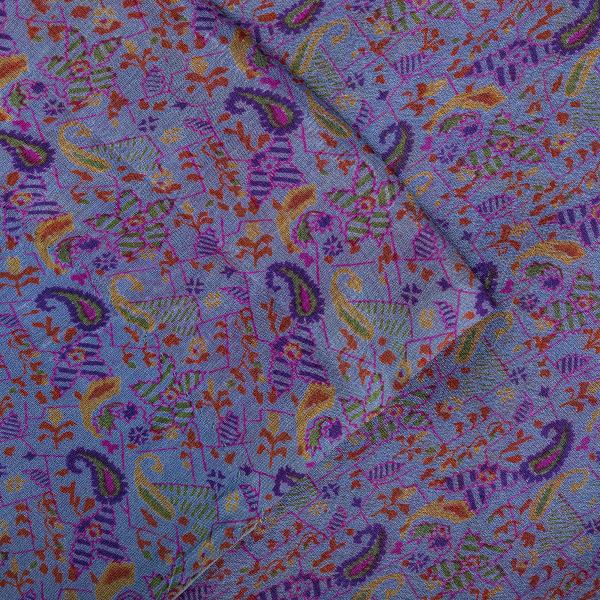 Sanskriti Vintage Purple Pure Silk Saree Paisley Print Craft Fabric 6.5Yard Sari