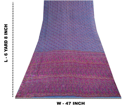 Sanskriti Vintage Purple Pure Silk Saree Paisley Print Craft Fabric 6.5Yard Sari