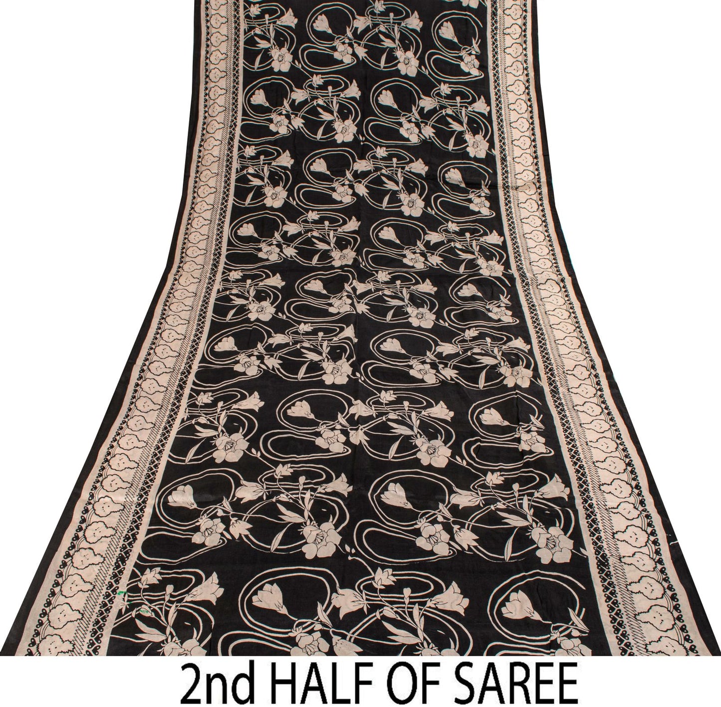 Sanskriti Vintage Black Pure Silk Saree Floral Print Sari 6.5 Yard Fabric Craft