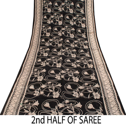 Sanskriti Vintage Black Pure Silk Saree Floral Print Sari 6.5 Yard Fabric Craft