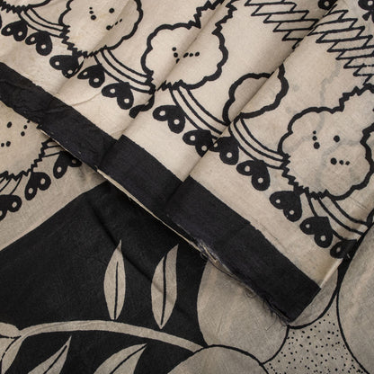 Sanskriti Vintage Black Pure Silk Saree Floral Print Sari 6.5 Yard Fabric Craft