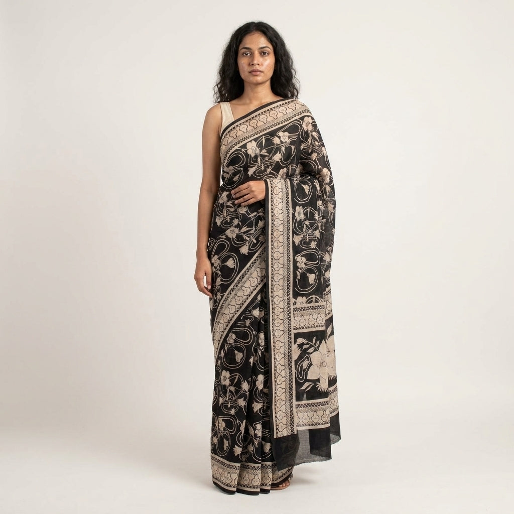 Sanskriti Vintage Black Pure Silk Saree Floral Print Sari 6.5 Yard Fabric Craft