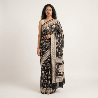 Sanskriti Vintage Black Pure Silk Saree Floral Print Sari 6.5 Yard Fabric Craft
