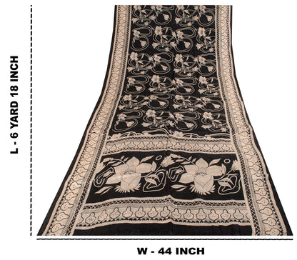 Sanskriti Vintage Black Pure Silk Saree Floral Print Sari 6.5 Yard Fabric Craft