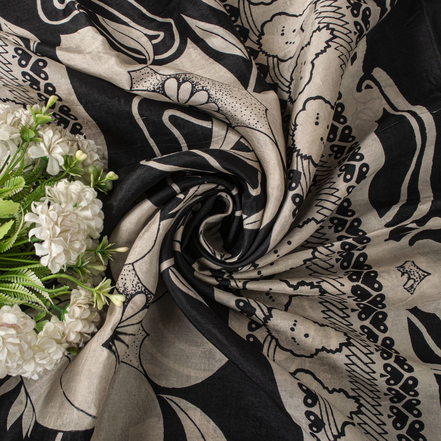 Sanskriti Vintage Black Pure Silk Saree Floral Print Sari 6.5 Yard Fabric Craft