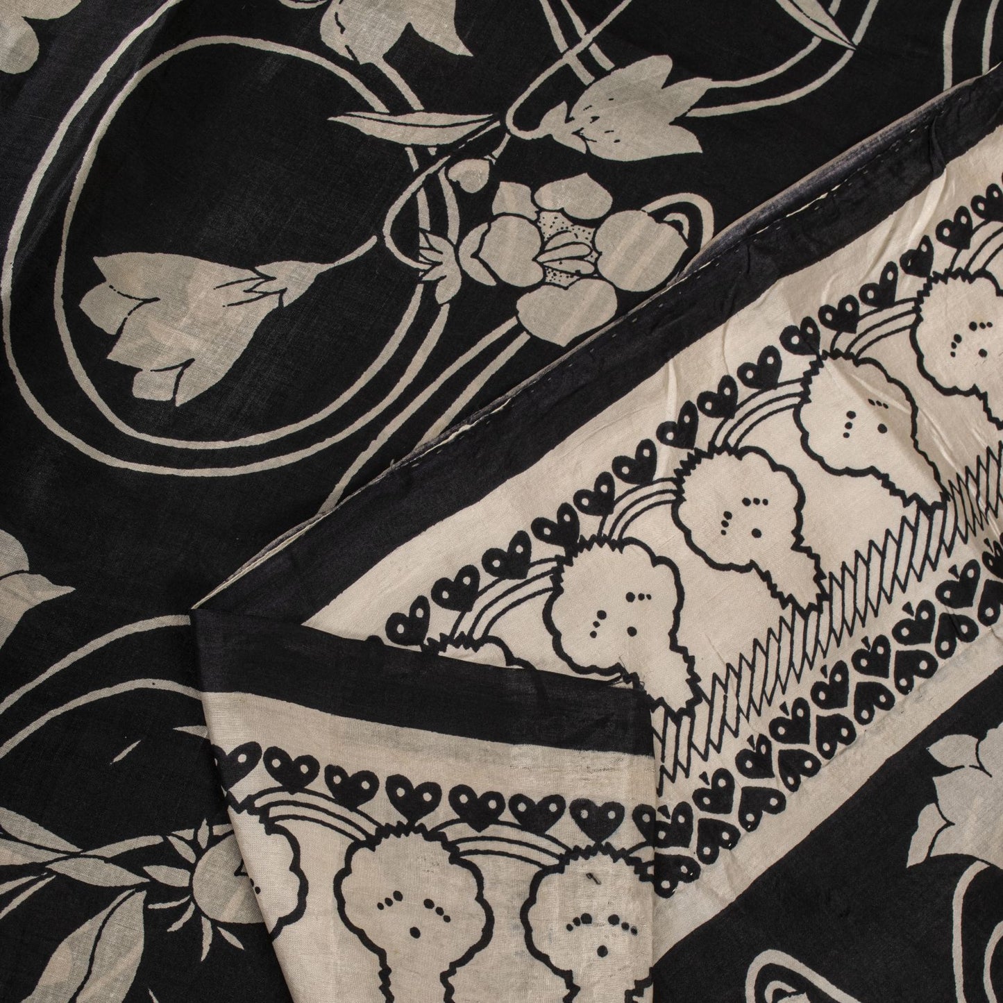 Sanskriti Vintage Black Pure Silk Saree Floral Print Sari 6.5 Yard Fabric Craft