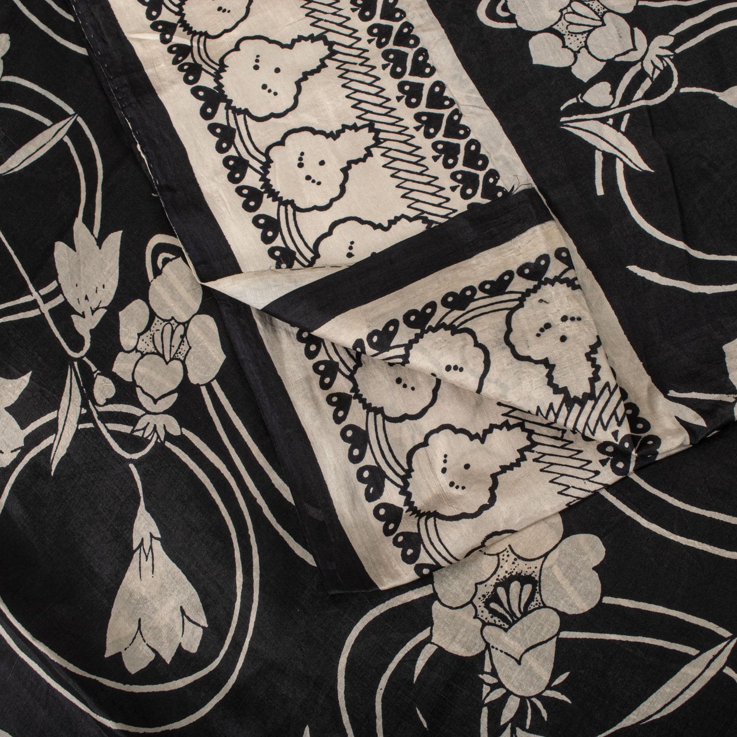 Sanskriti Vintage Black Pure Silk Saree Floral Print Sari 6.5 Yard Fabric Craft