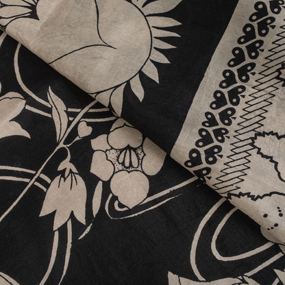 Sanskriti Vintage Black Pure Silk Saree Floral Print Sari 6.5 Yard Fabric Craft