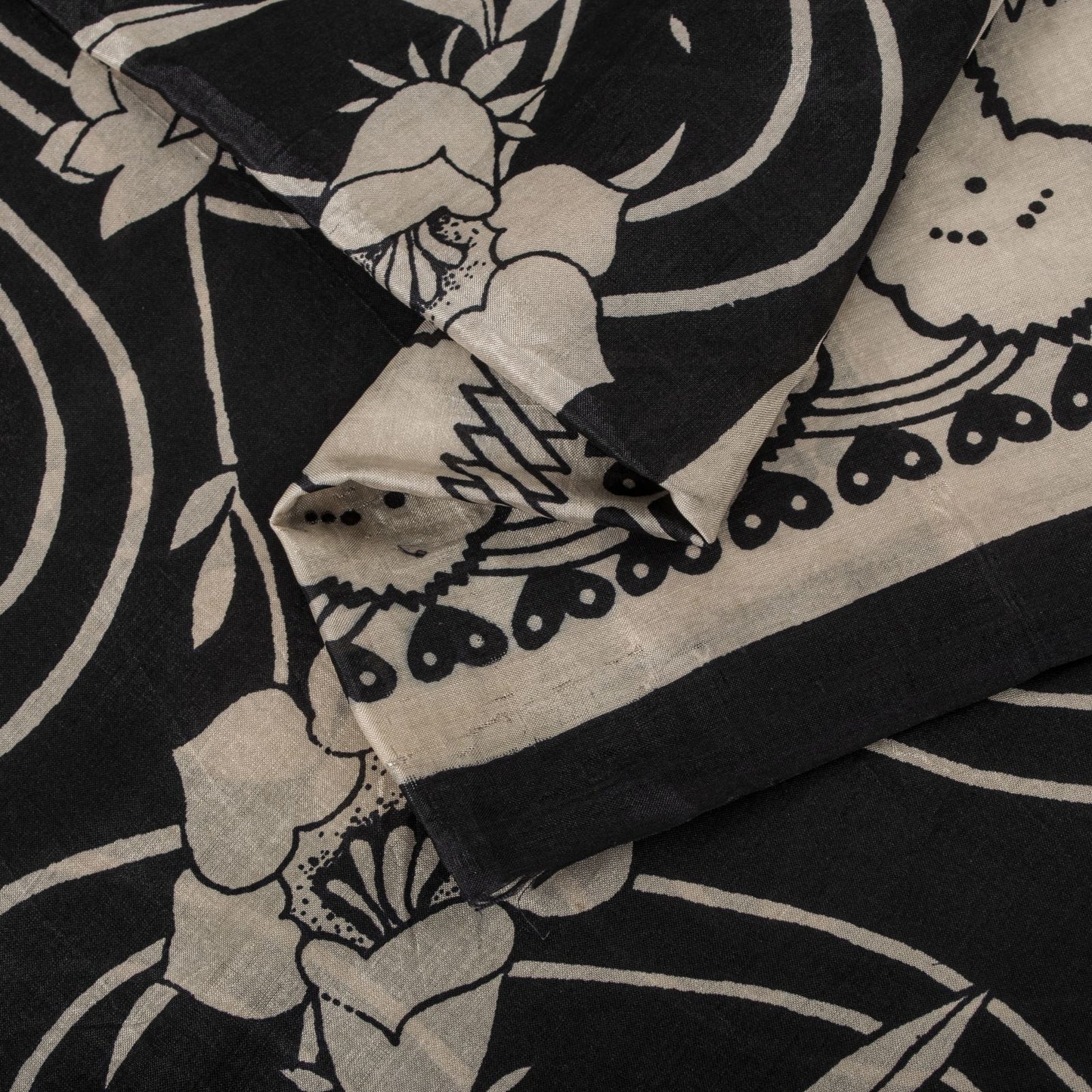 Sanskriti Vintage Black Pure Silk Saree Floral Print Sari 6.5 Yard Fabric Craft