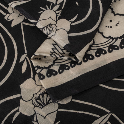 Sanskriti Vintage Black Pure Silk Saree Floral Print Sari 6.5 Yard Fabric Craft