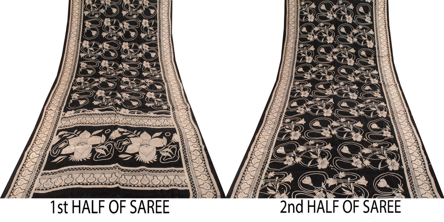 Sanskriti Vintage Black Pure Silk Saree Floral Print Sari 6.5 Yard Fabric Craft