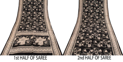 Sanskriti Vintage Black Pure Silk Saree Floral Print Sari 6.5 Yard Fabric Craft