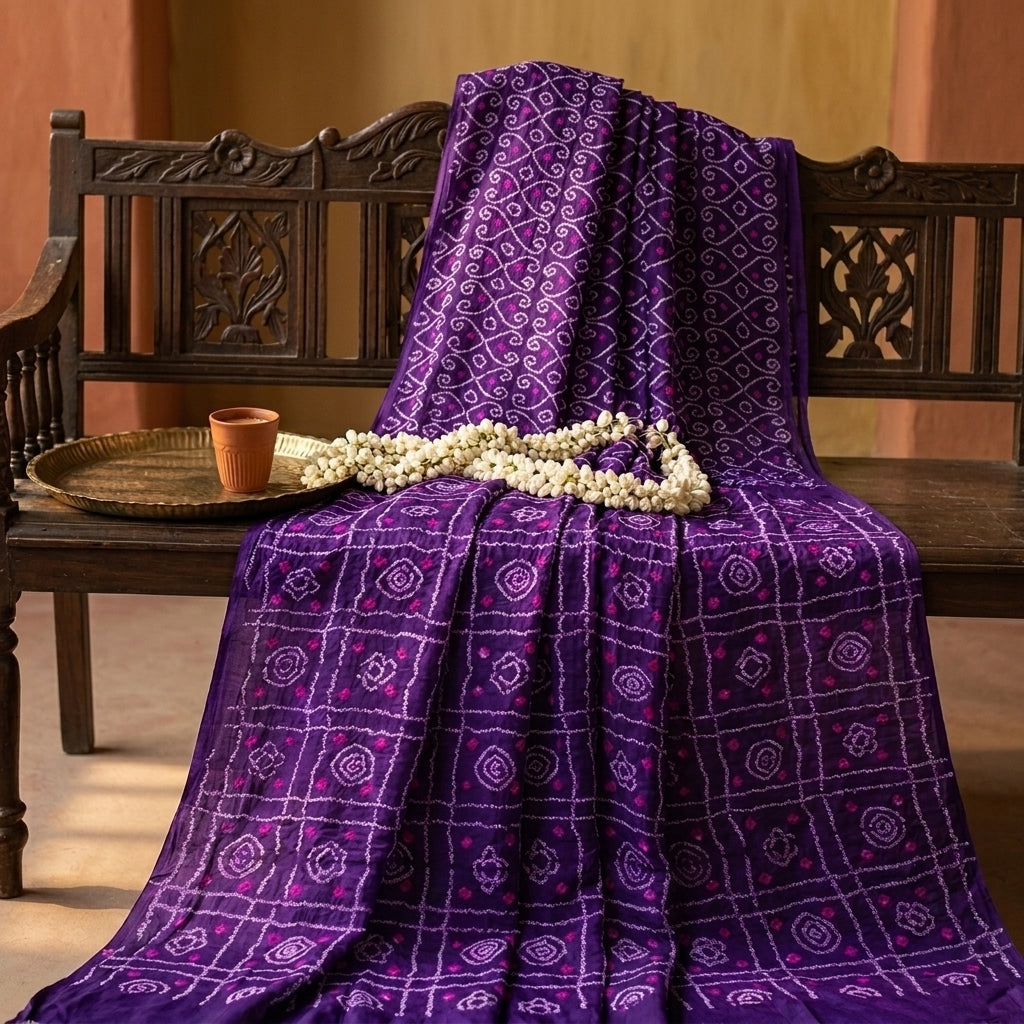 Sanskriti Vintage Purple Pure Silk Saree Bandhani Print Sari Fabric 5+Yard Craft