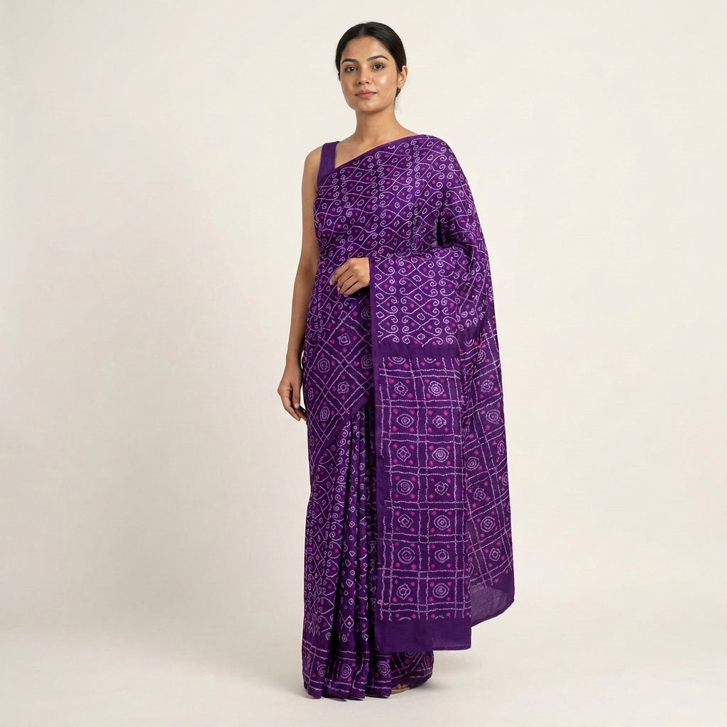 Sanskriti Vintage Purple Pure Silk Saree Bandhani Print Sari Fabric 5+Yard Craft
