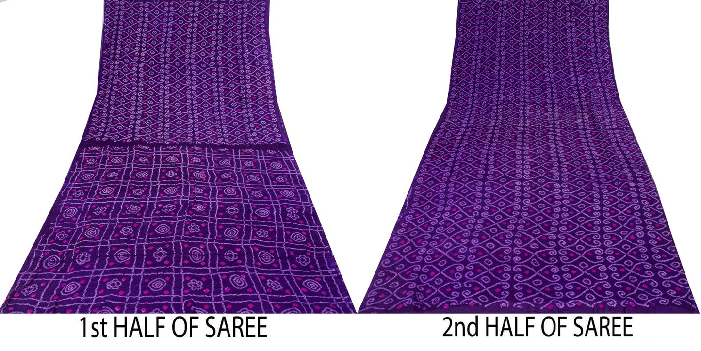 Sanskriti Vintage Purple Pure Silk Saree Bandhani Print Sari Fabric 5+Yard Craft