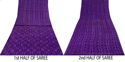 Sanskriti Vintage Purple Pure Silk Saree Bandhani Print Sari Fabric 5+Yard Craft