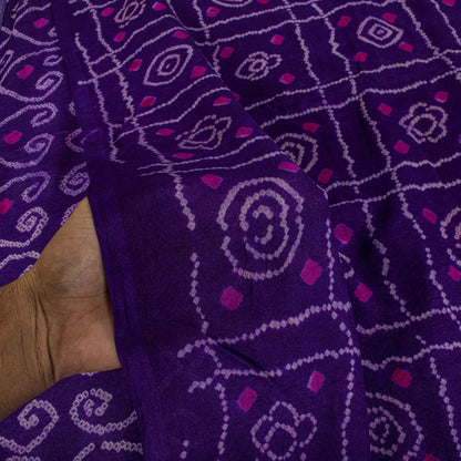 Sanskriti Vintage Purple Pure Silk Saree Bandhani Print Sari Fabric 5+Yard Craft