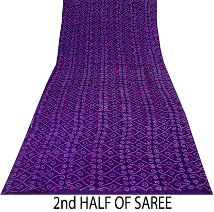 Sanskriti Vintage Purple Pure Silk Saree Bandhani Print Sari Fabric 5+Yard Craft