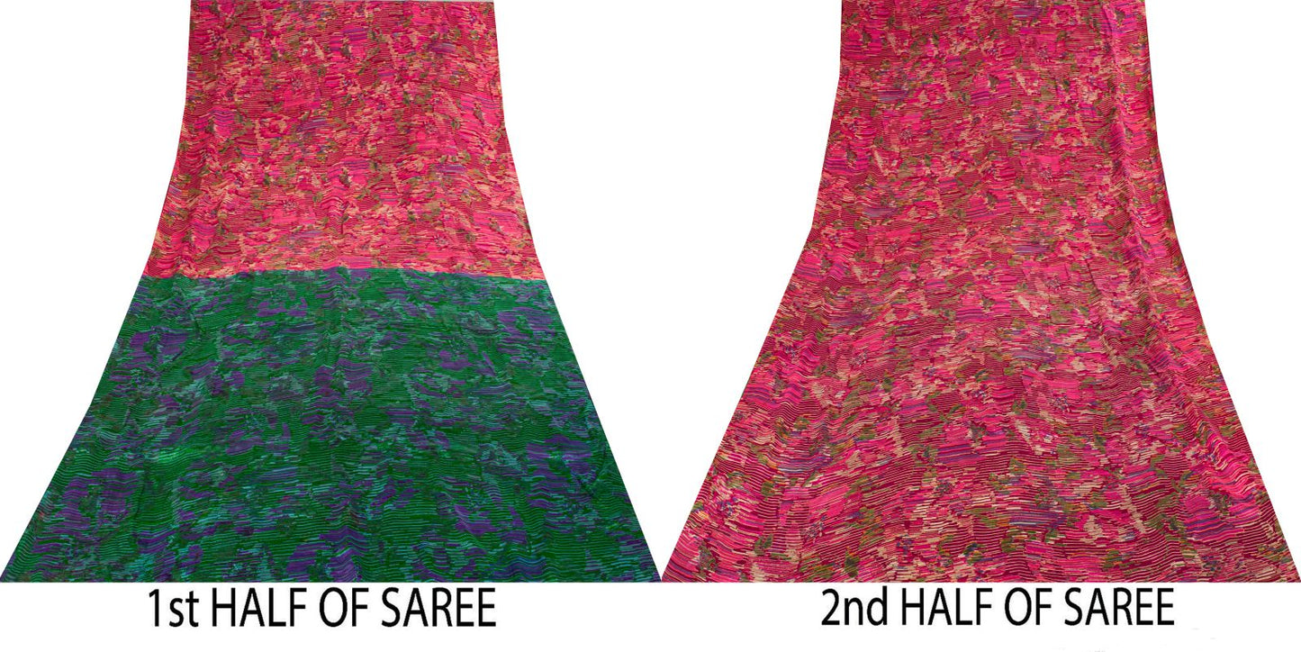 Sanskriti Vintage Pink Pure Silk Saree Abstract Ikat Style Print 6+Yard Sari Diy