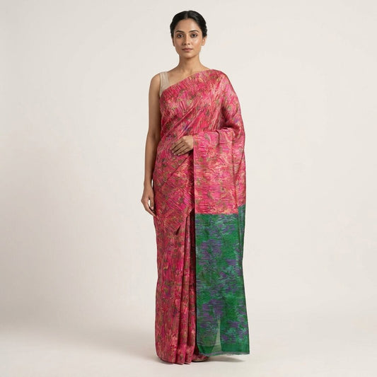 Sanskriti Vintage Pink Pure Silk Saree Abstract Ikat Style Print 6+Yard Sari Diy