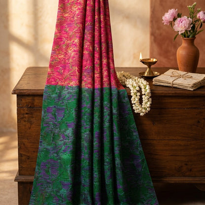 Sanskriti Vintage Pink Pure Silk Saree Abstract Ikat Style Print 6+Yard Sari Diy