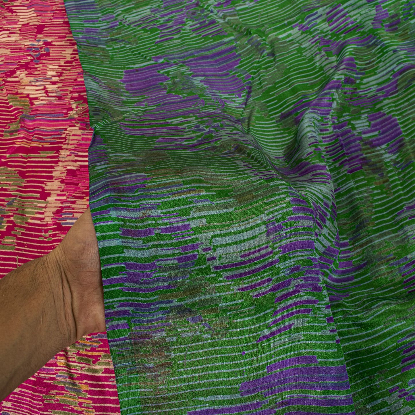 Sanskriti Vintage Pink Pure Silk Saree Abstract Ikat Style Print 6+Yard Sari Diy