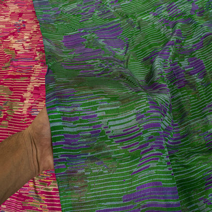 Sanskriti Vintage Pink Pure Silk Saree Abstract Ikat Style Print 6+Yard Sari Diy