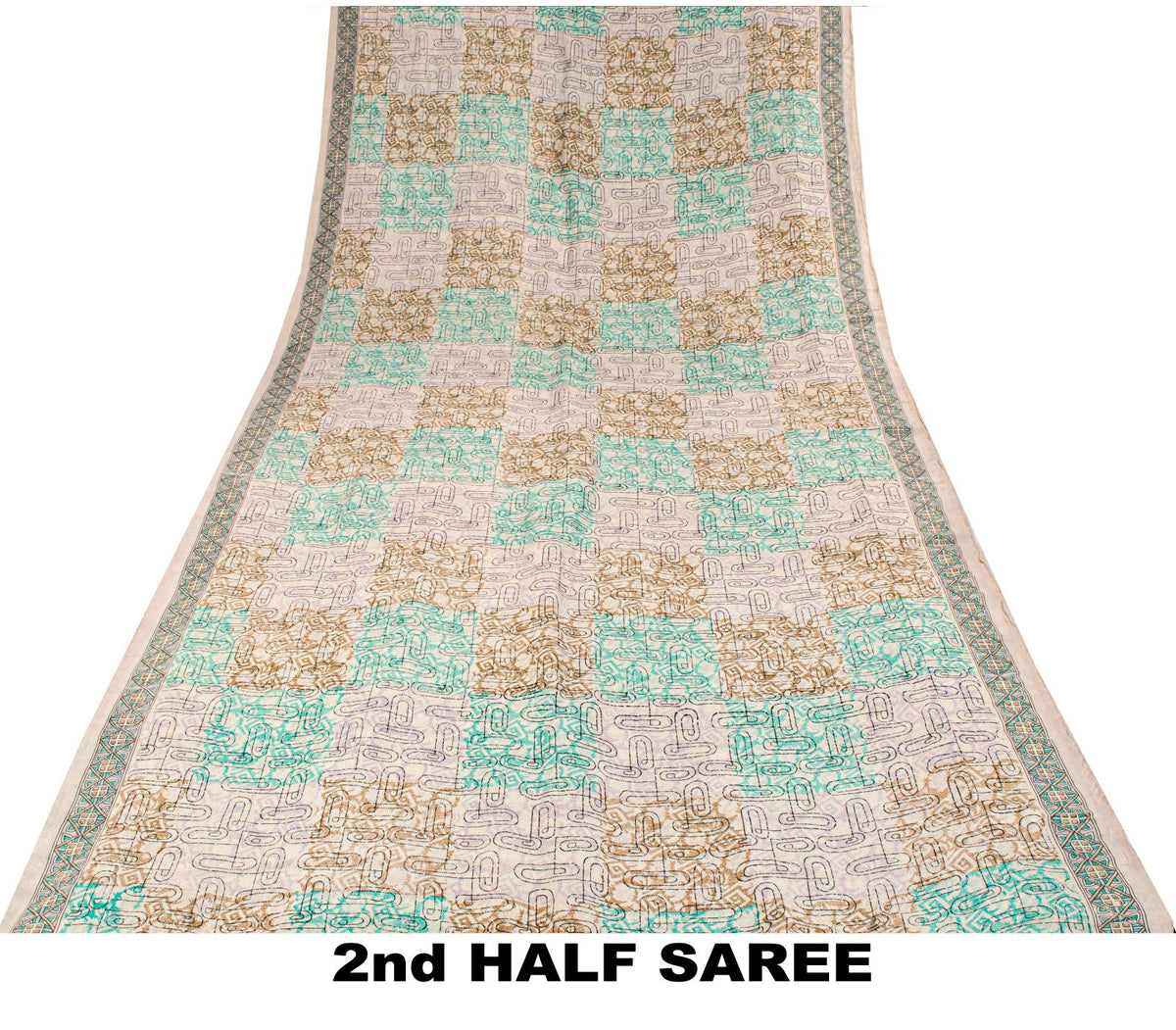Sanskriti Vintage Beige Pure Silk Saree Paisley Geometric Print 5.5Yard Sari Diy