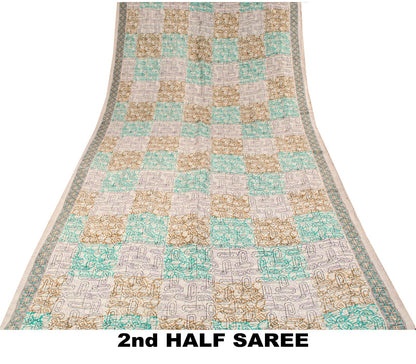 Sanskriti Vintage Beige Pure Silk Saree Paisley Geometric Print 5.5Yard Sari Diy