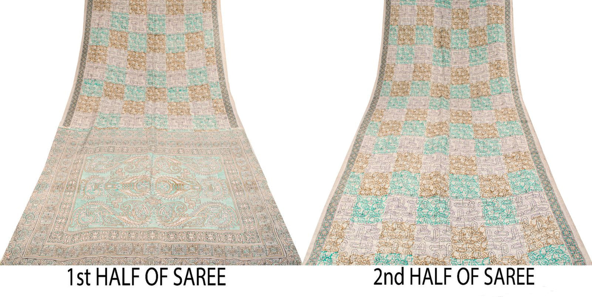 Sanskriti Vintage Beige Pure Silk Saree Paisley Geometric Print 5.5Yard Sari Diy
