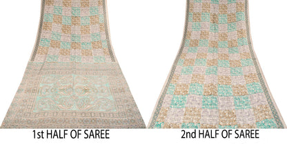 Sanskriti Vintage Beige Pure Silk Saree Paisley Geometric Print 5.5Yard Sari Diy