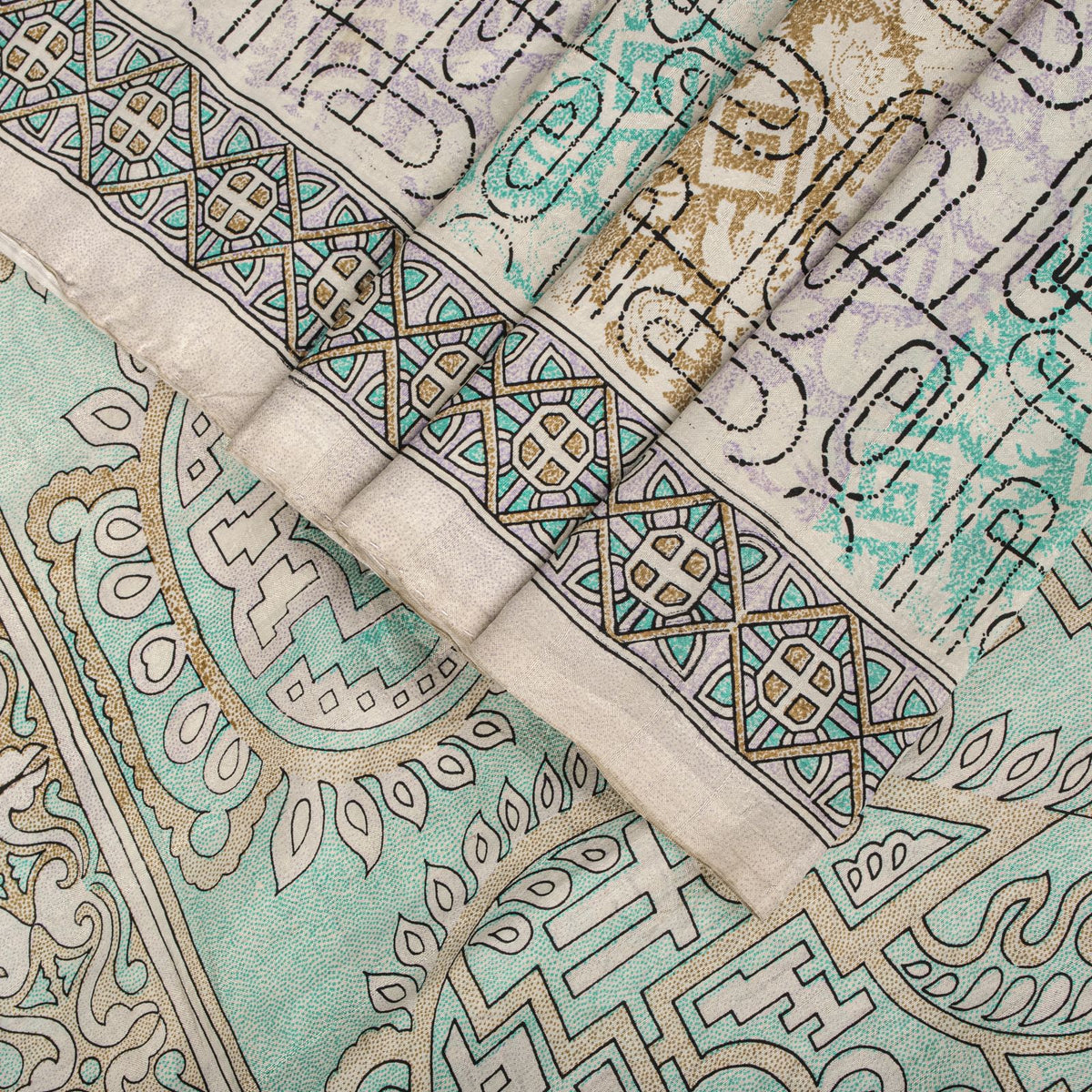 Sanskriti Vintage Beige Pure Silk Saree Paisley Geometric Print 5.5Yard Sari Diy