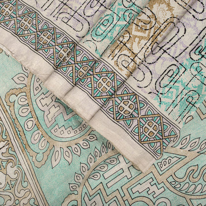 Sanskriti Vintage Beige Pure Silk Saree Paisley Geometric Print 5.5Yard Sari Diy