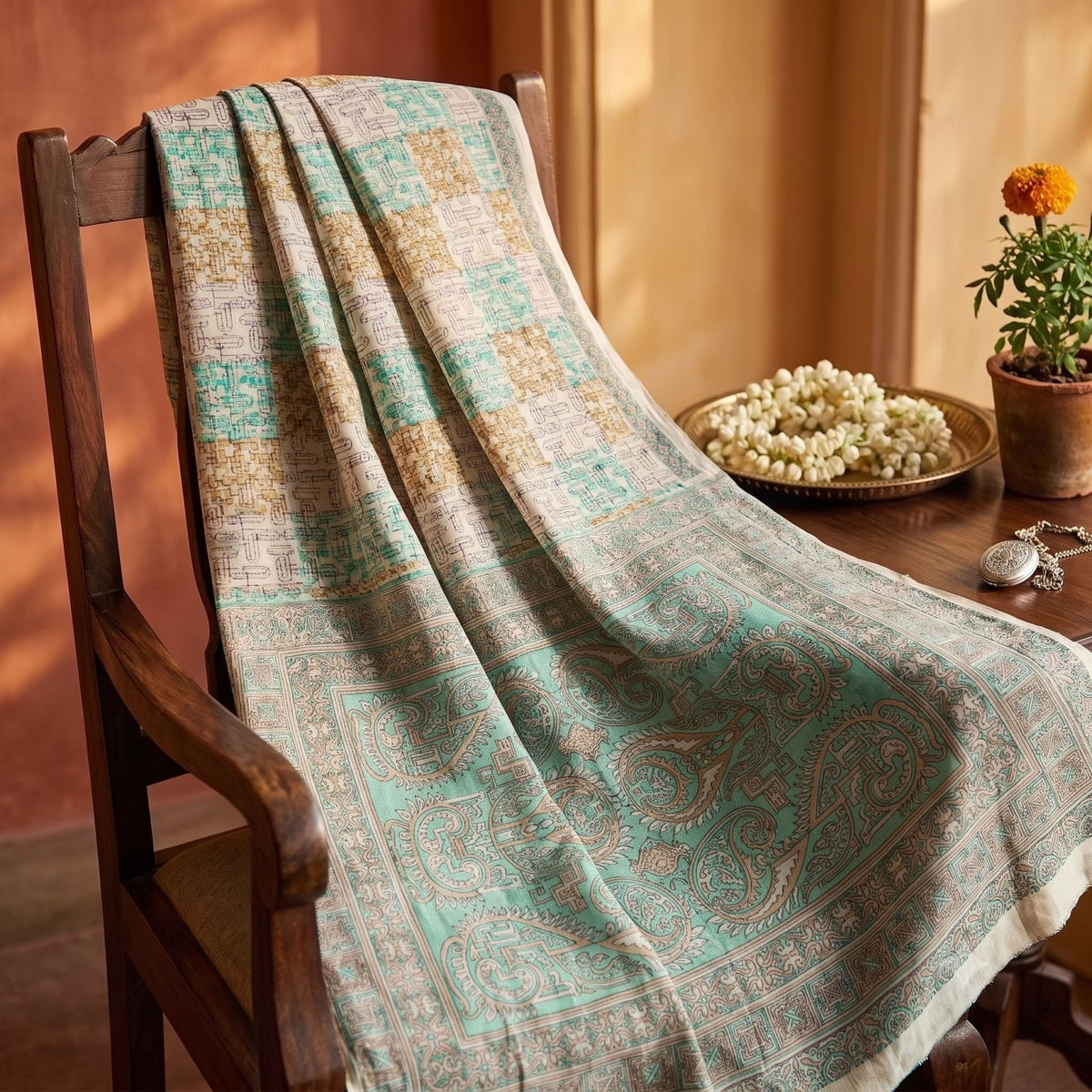 Sanskriti Vintage Beige Pure Silk Saree Paisley Geometric Print 5.5Yard Sari Diy