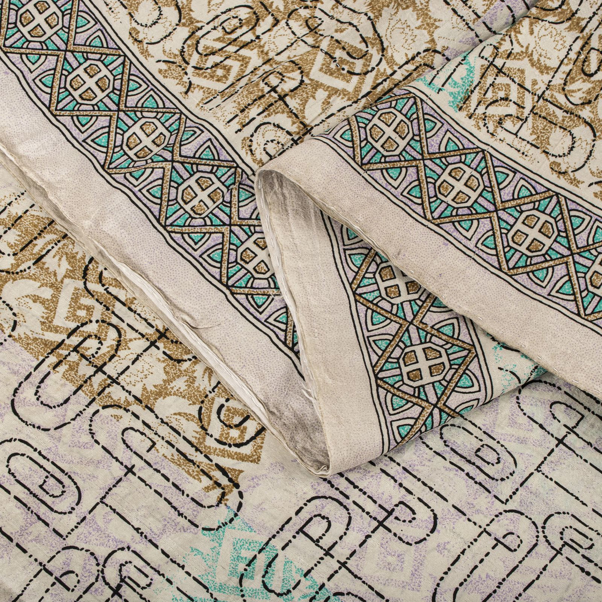 Sanskriti Vintage Beige Pure Silk Saree Paisley Geometric Print 5.5Yard Sari Diy